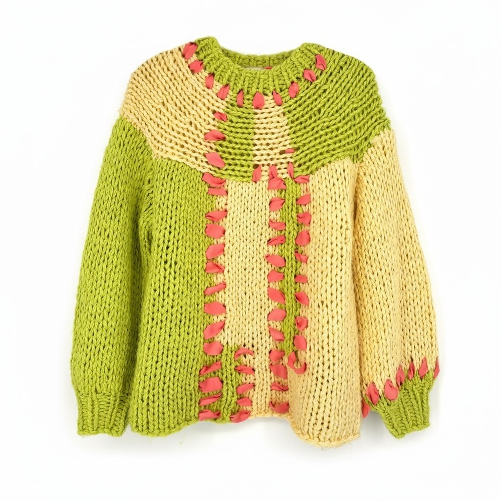 Listicle Ribbon Sweater Chunky Knit Textured Pullover Colorblock Green Size‎ L